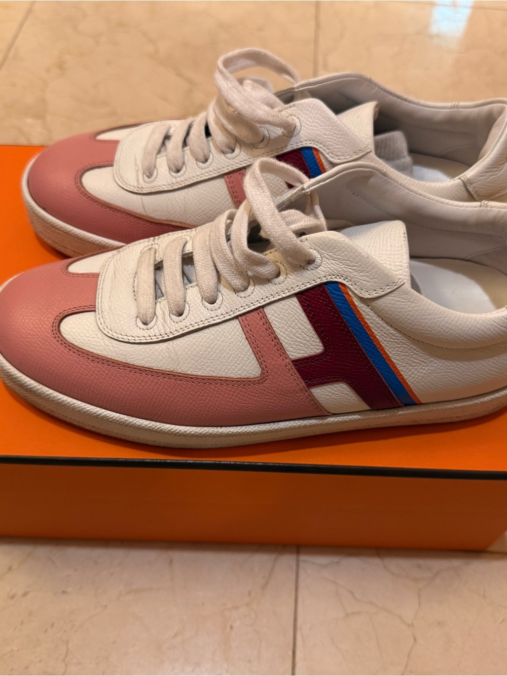 Hermes Boomerang H White & Pink Leather Sneakers with Multicolor Stripe
